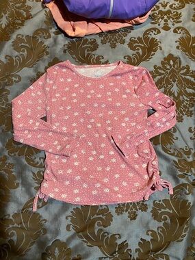 Girls' Pink Floral Ruffle-Side Long Sleeve Top